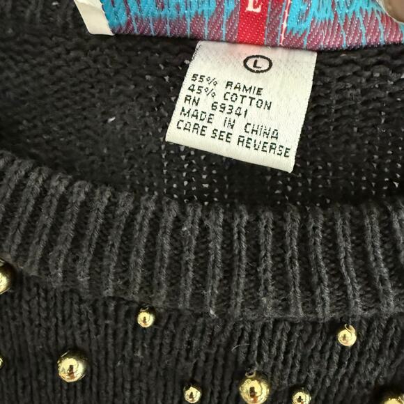 Vintage Rochelle-Forest Black Sweater Gold Stud Beads Ramie Cotton L - Picture 11 of 16